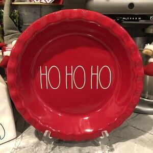 RAE DUNN Christmas Red W White Stitching & LL  "Ho Ho Ho"  Pie Plate New in Box